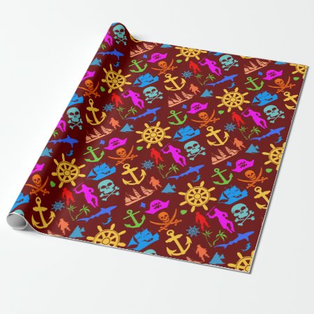 Ships, Fishes, Pirates. Colorful Nautical Pattern Wrapping Paper