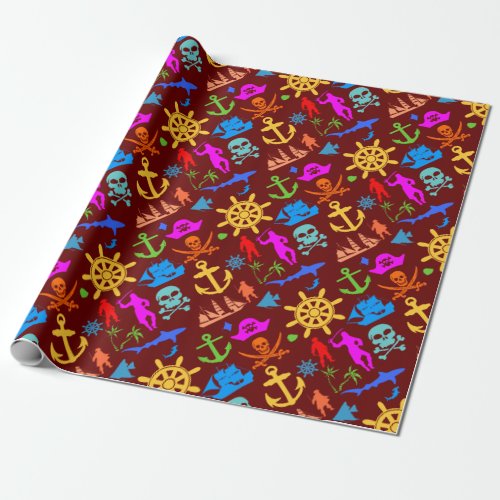 Ships Fishes Pirates Colorful Nautical Pattern Wrapping Paper