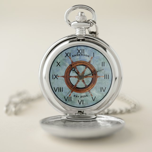 Ship's Helm Nautical Pocket Watch Blue (Inside)