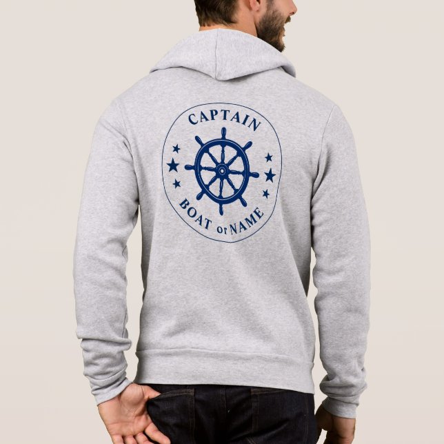 Ships Helm Wheel Stars Captain or Boat Name Gray Hoodie (Back)