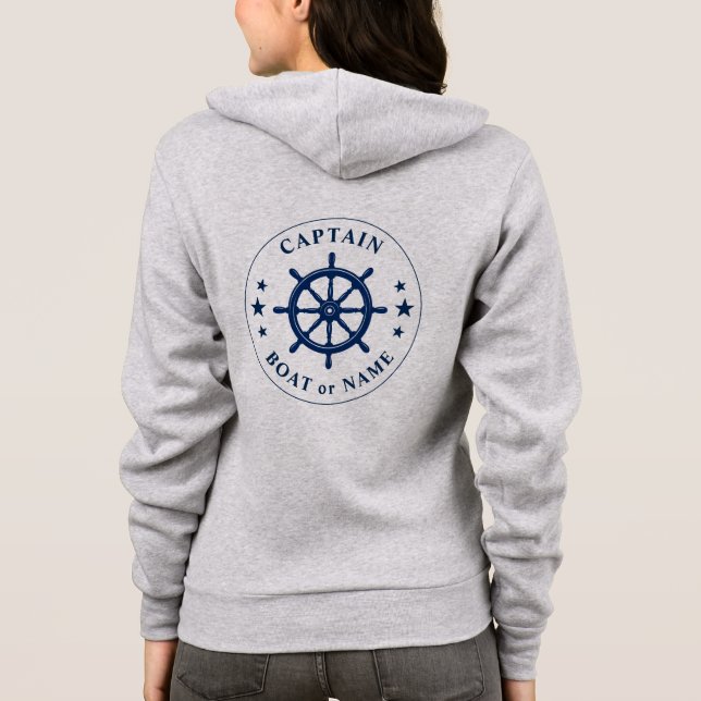 Ships Helm Wheel Stars Captain or Boat Name Gray Hoodie (Back)