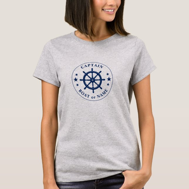 Ships Helm Wheel Stars Captain or Boat Name Gray T-Shirt (Front)
