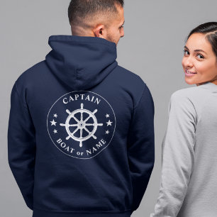 Ships Helm Wheel Stars Captain or Boat Name Navy Hoodie