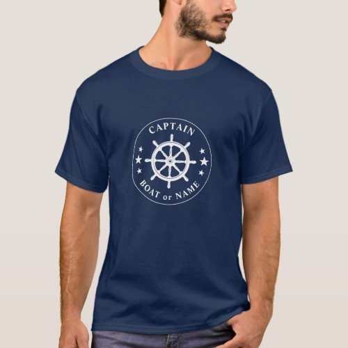 Ships Helm Wheel Stars Captain or Boat Name Navy T_Shirt