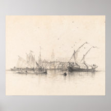 Ships in Sea Landscape Print, Vintage Sketch