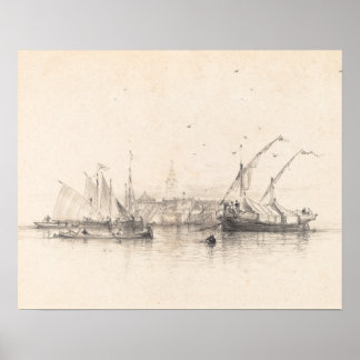 Ships in Sea Landscape Print, Vintage Sketch Poster