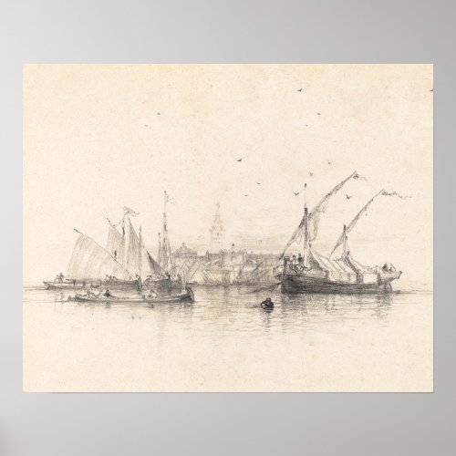 Ships in Sea Landscape Print Vintage Sketch Poster