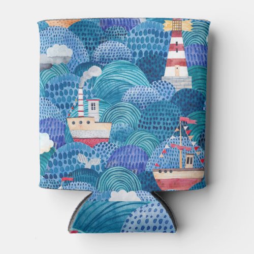 Ships  Lighthouse Childish Watercolor Can Cooler