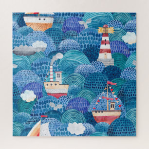 Ships & Lighthouse: Childish Watercolor Jigsaw Puzzle