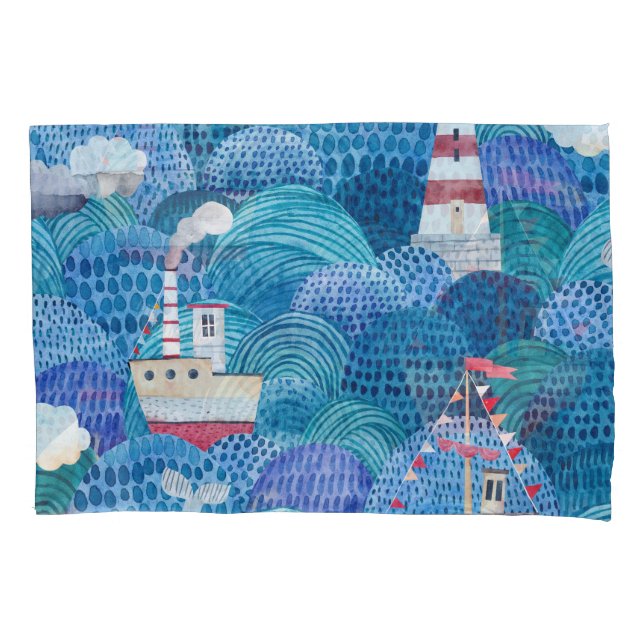 Ships & Lighthouse: Childish Watercolor Pillow Case (Front)