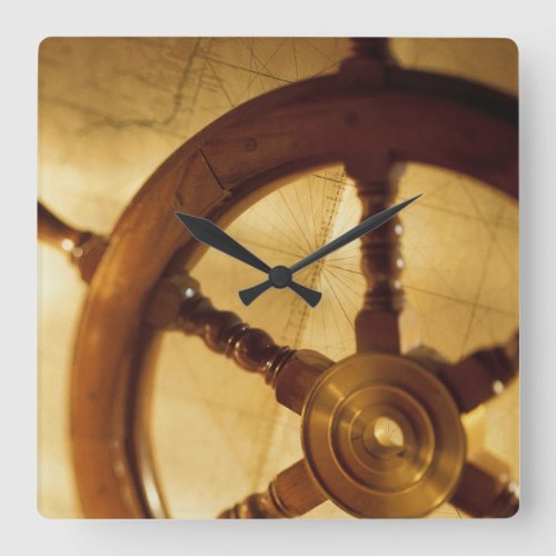 ShipS Wheel And Map Square Wall Clock