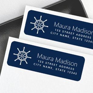 Ship's wheel dark blue nautical label