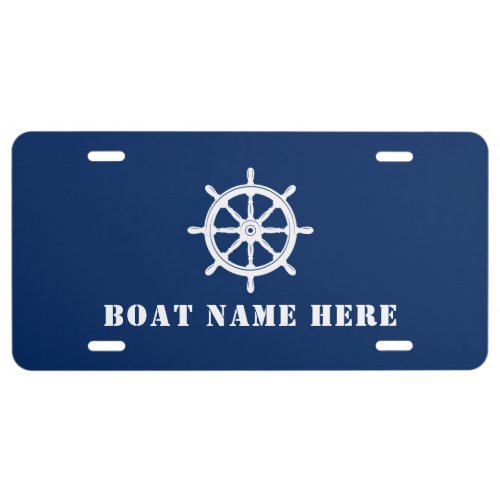 Ships Wheel Helm Your Boat Name or Text Navy Blue License Plate