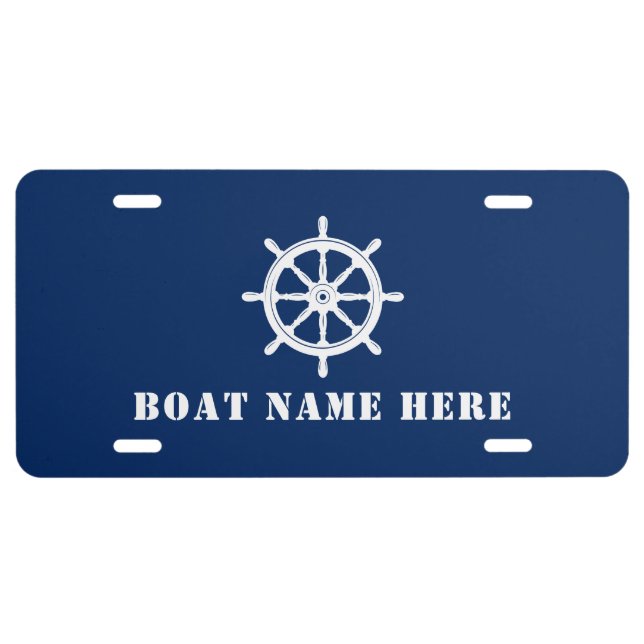 Ships Wheel Helm Your Boat Name or Text Navy Blue License Plate (Front)