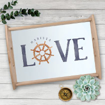 Ship's Wheel + Nautical Love Watercolor Typography Serving Tray