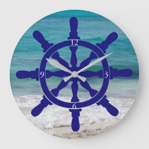 Ship's Wheel Ocean Background Large Clock