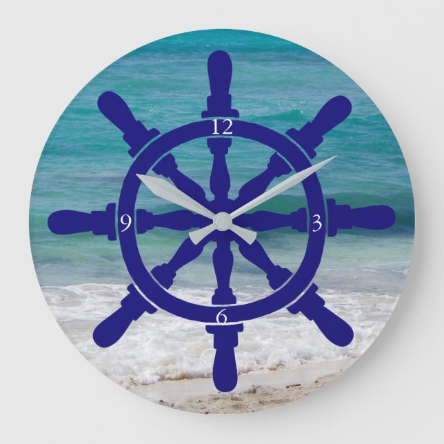 Ship's Wheel Ocean Background Large Clock (Front)