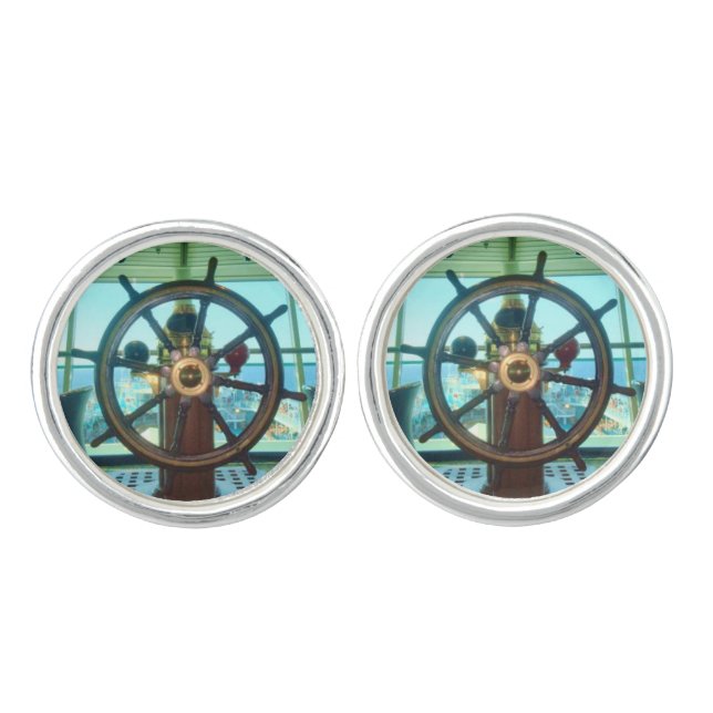 Ship's Wheel on Sovereign Class Ship Round Cufflinks (Front)