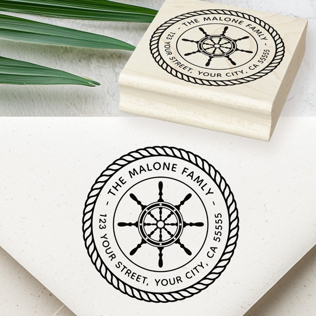 Ship's wheel rope border nautical return address rubber stamp (Ship's wheel rope border nautical return address rubber stamp)