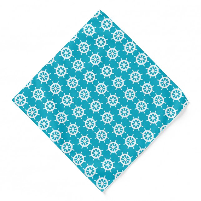 Ships Wheel Turquoise Blue and White Pattern Bandana (Front)