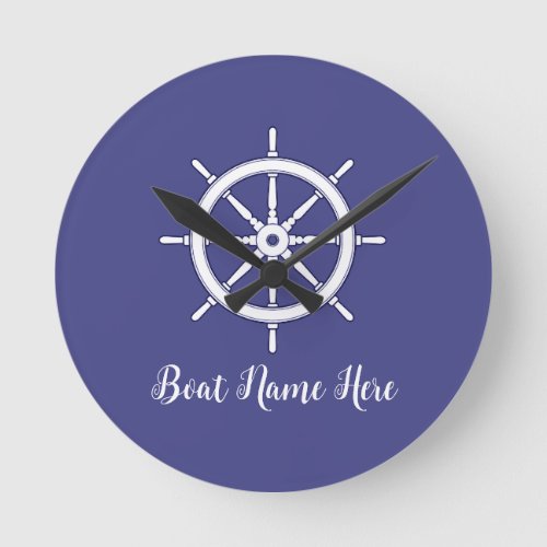 Ships Wheel White and Blue Personalized Round Clock