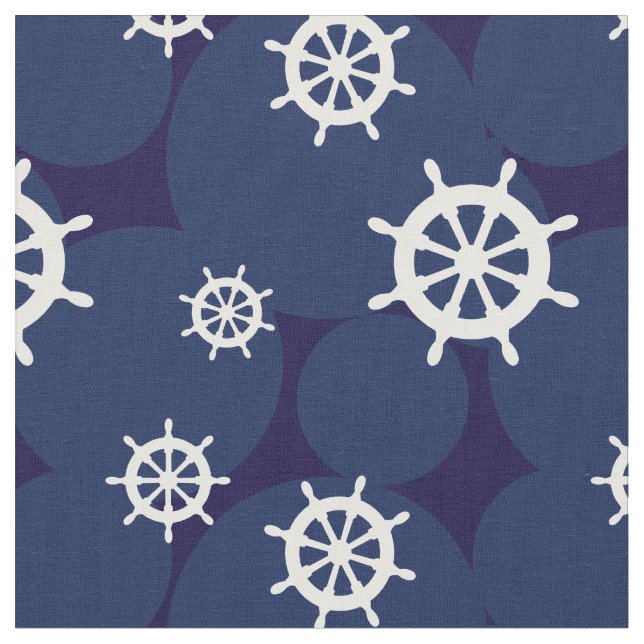 Ships Wheels Navy Blue and White Nautical Pattern Fabric (Close Up)