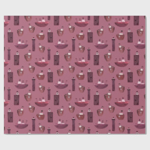 Ships & Wooden Lighthouses Dusty Plum Wrapping Paper