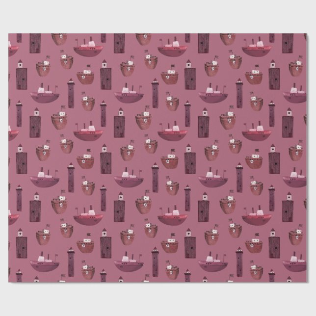 Ships & Wooden Lighthouses Dusty Plum Wrapping Paper (Flat)