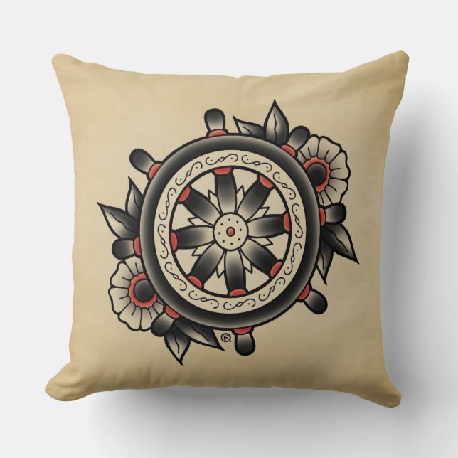 Shipwheel Tattoo Flash Throw Pillow (Front)