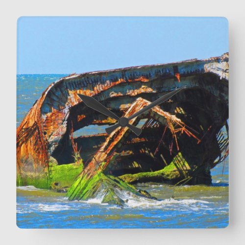 Shipwreck Abstract Blue Square Wall Clock