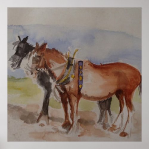 Shire Horses at Ploughing Match Watercolour sketch Poster