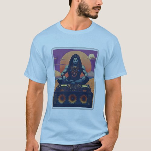 Shiva playing a vinyl player in a dune with a DJ  T_Shirt