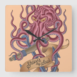 Shiver My Soul Octopus Tatto Square Wall Clock