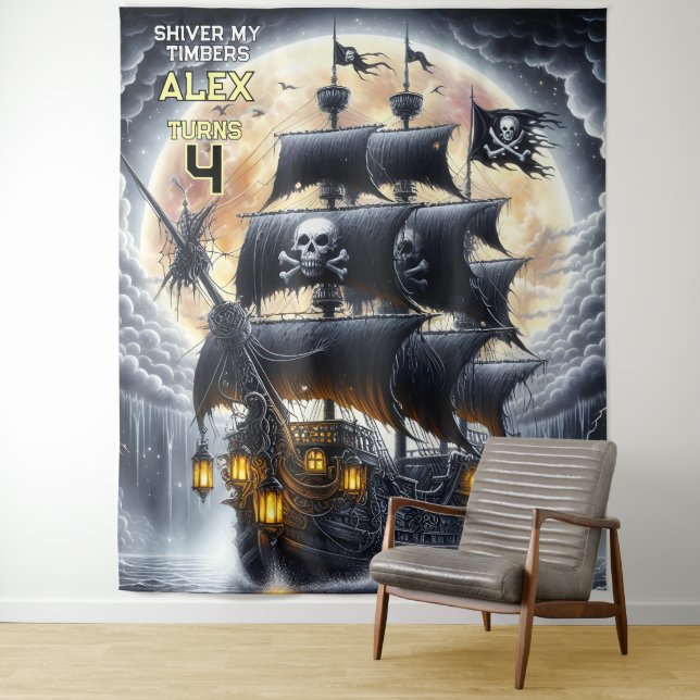 Shiver My Timbers Skull and Crossbones Pirate Tapestry (In Situ)