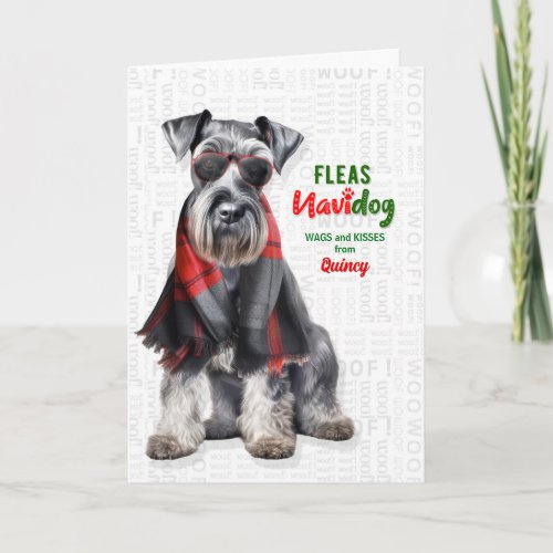 Shnauzer Dog Funny Fleas Navidog with Name Holiday Card