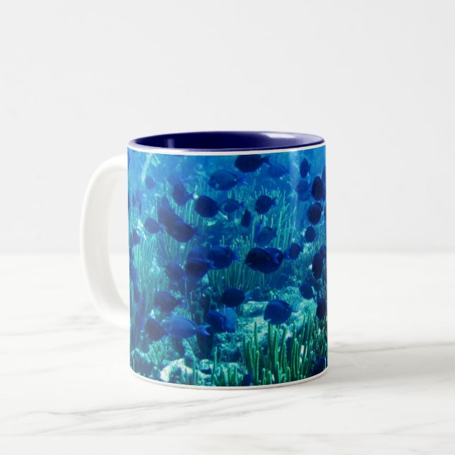 Shoal of Blue Discus Fish Two-Tone Coffee Mug (Front Left)