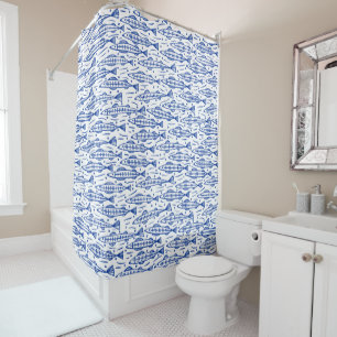 Shoal of Fish Pattern - Navy Blue on White Shower Curtain