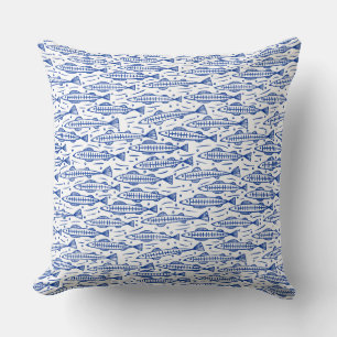 Shoal of Fish Pattern - Navy Blue on White Throw Pillow