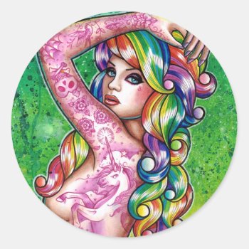 Shock Tart Rainbow Pin Up Girl Classic Round Sticker by NeverDieArt at Zazzle