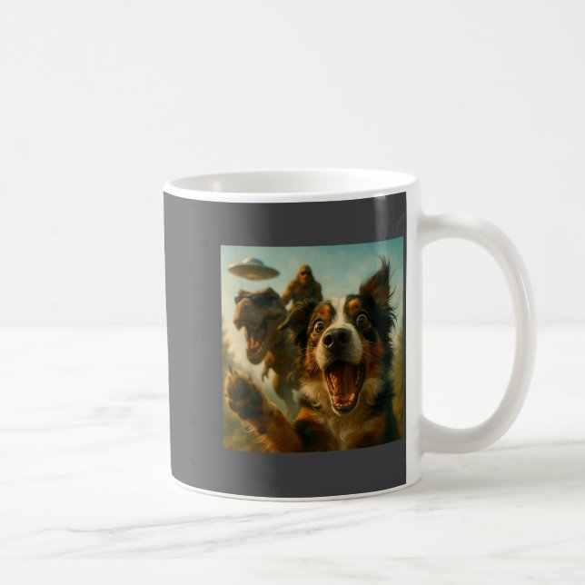Shocked Australian Shepherd Dog T-rex Bigfoot Ufo  Coffee Mug (Right)