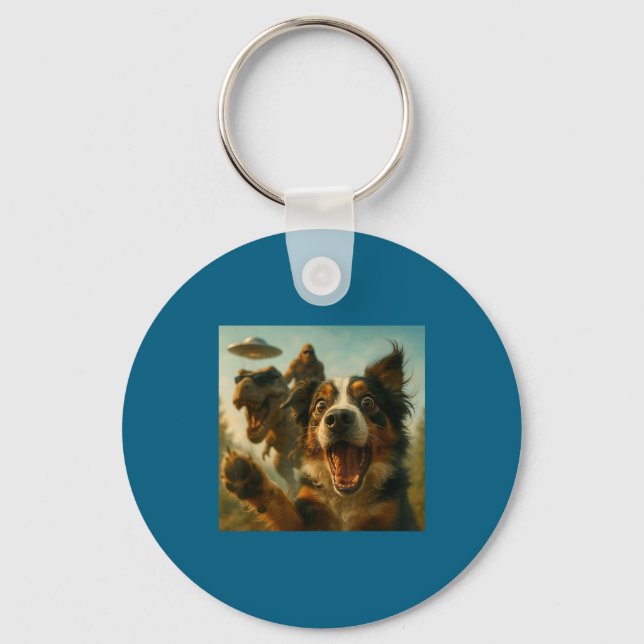Shocked Australian Shepherd Dog T-rex Bigfoot Ufo  Keychain (Front)