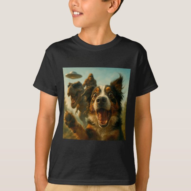 Shocked Australian Shepherd Dog T-rex Bigfoot Ufo  T-Shirt (Front)
