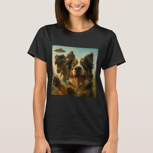 Shocked Australian Shepherd Dog T-rex Bigfoot Ufo  T-Shirt (Front)