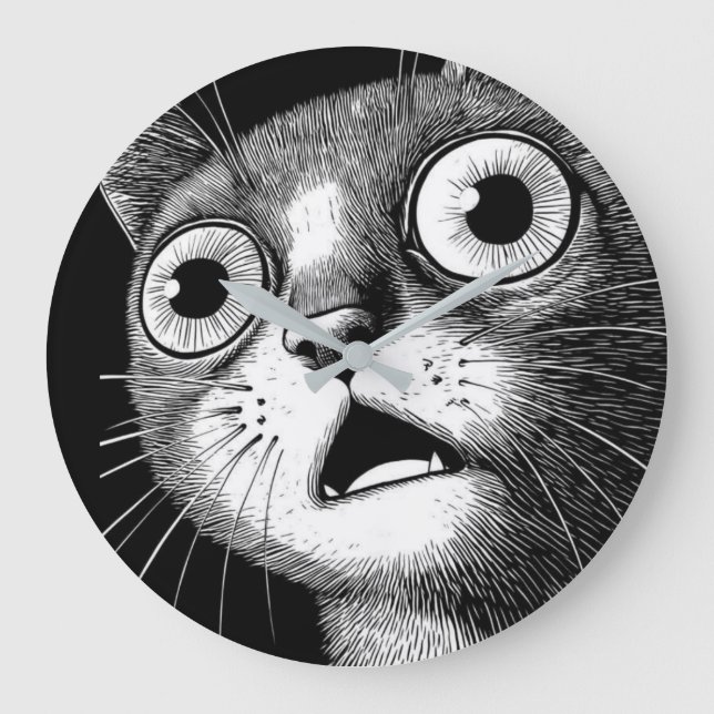Shocked Cat Minimalist Black & White Clock (Front)