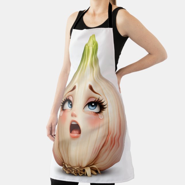 Shocked garlic bulb, funny face, quirky chefs's ki apron (Insitu)