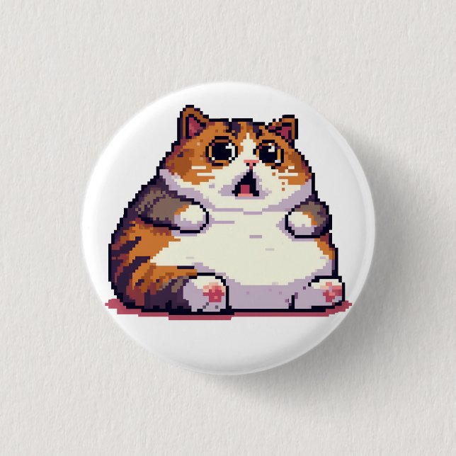 Shocked orange fat cat meme pixel art button (Front)
