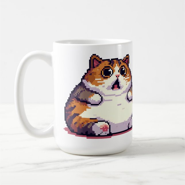 Shocked orange fat cat meme pixel art coffee mug (Left)