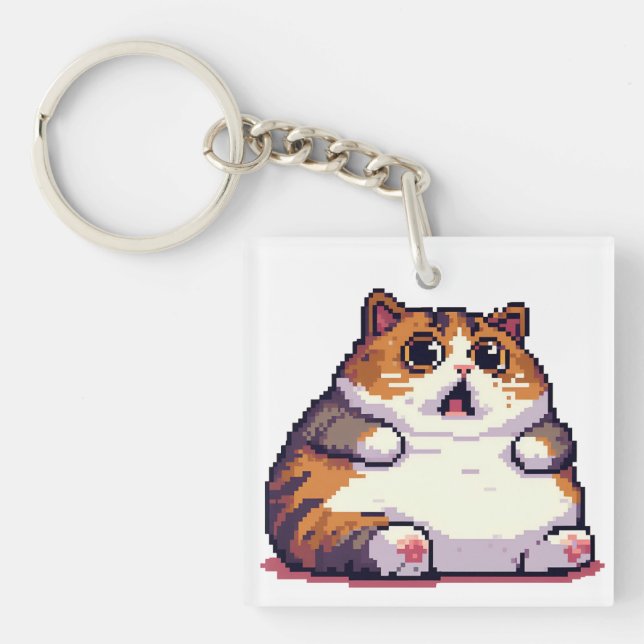 Shocked orange fat cat meme pixel art keychain (Front)