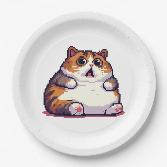 Shocked orange fat cat meme pixel art paper plates (Front)