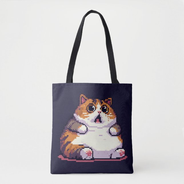 Shocked orange fat cat meme pixel art tote bag (Front)